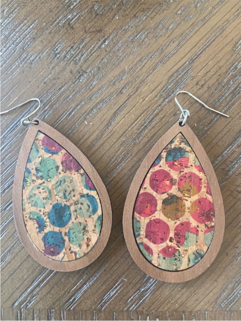 Teardrop Cork & Wood Polka Dot Earrings in Multi Colors